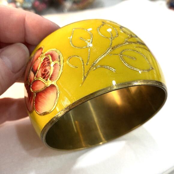 Retro brass bangle bracelet mod mustard yellow pink enamel floral Boho festival - Picture 3 of 6